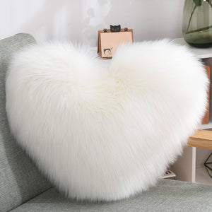 Heart-Shaped Fluffy Plush Throw Pillow Cover – White
