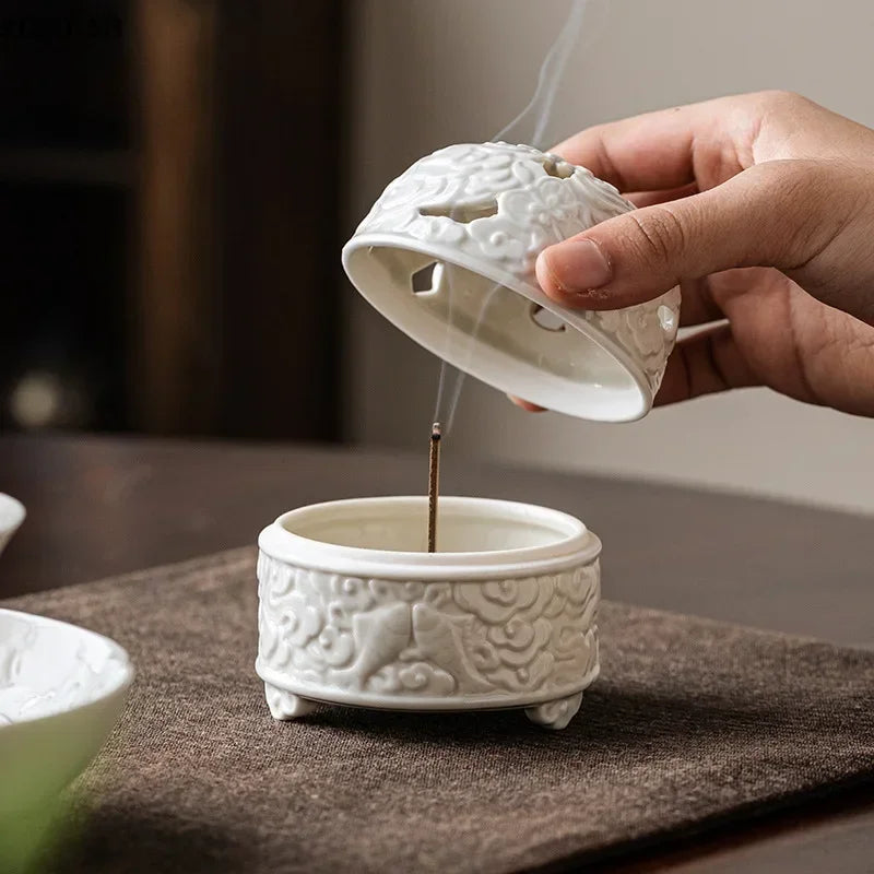 White Embossed Ceramic Incense Burner – Zen Home Decor
