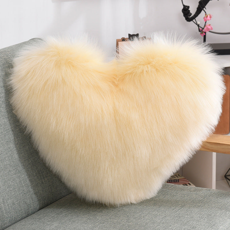 Heart-Shaped Fluffy Plush Throw Pillow Cover – White
