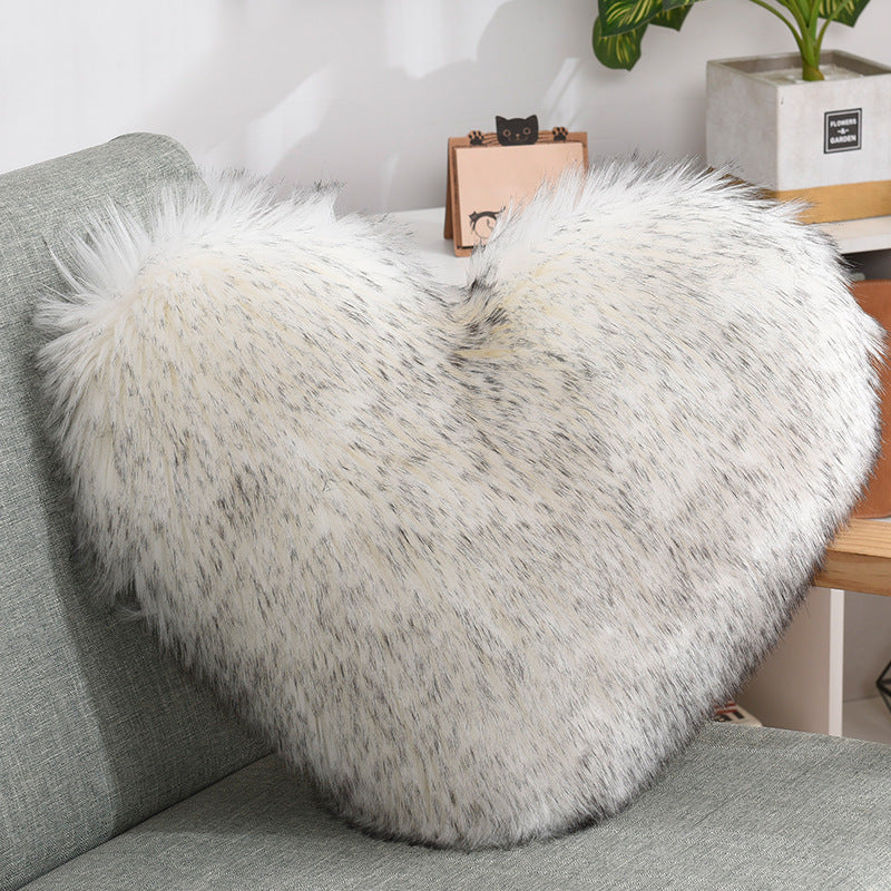 Heart-Shaped Fluffy Plush Throw Pillow Cover – White