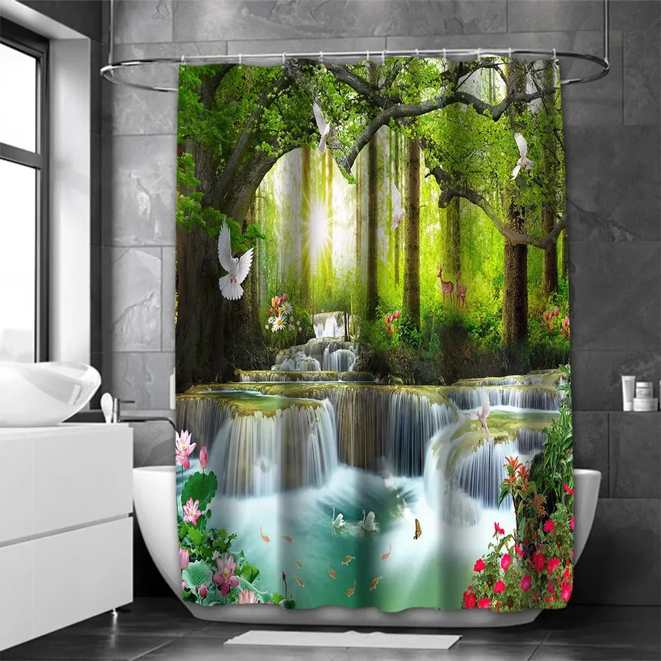Waterfall Shower Curtain, Waterproof with 12 Hooks – Free Ship