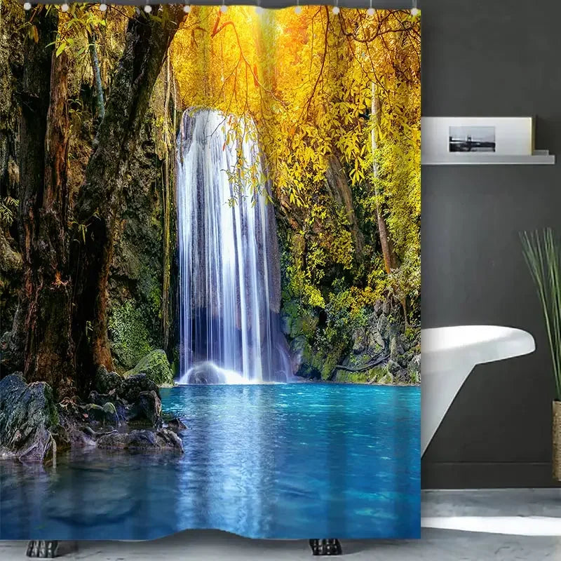 Waterfall Shower Curtain, Waterproof with 12 Hooks – Free Ship