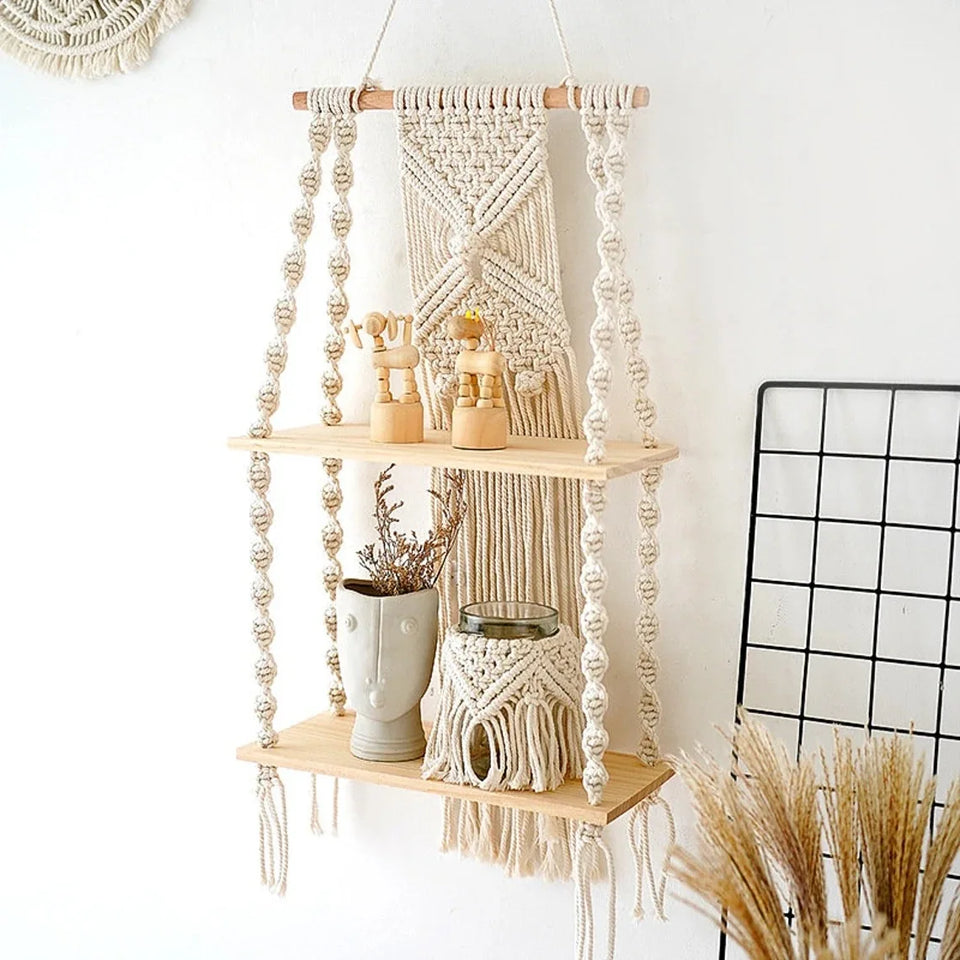 Boho Macrame Wall Hanging Shelf – Rustic Home Decor.