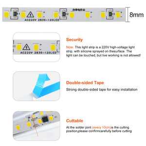 Flexible LED Strip Lights 220V, 2835, 120 LEDs/m, 5-10m