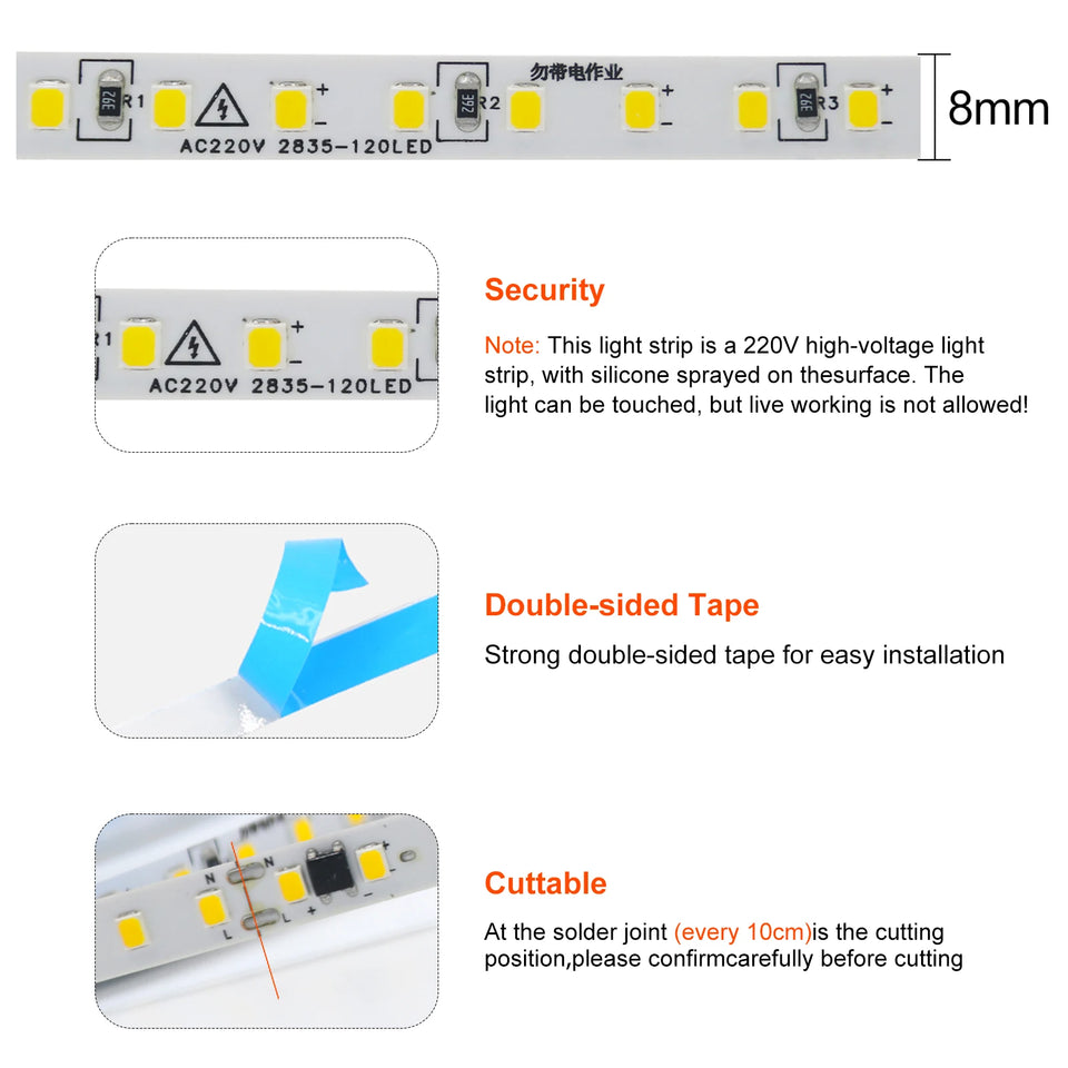 Flexible LED Strip Lights 220V, 2835, 120 LEDs/m, 5-10m