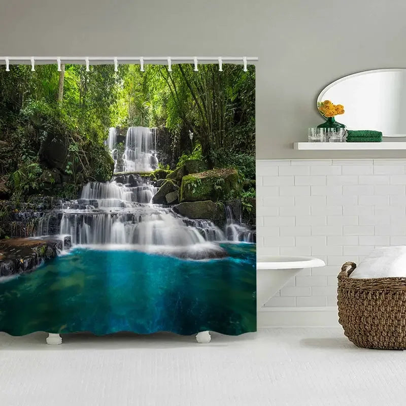 Waterfall Shower Curtain, Waterproof with 12 Hooks – Free Ship