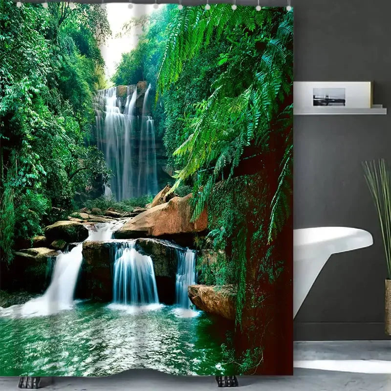 Waterfall Shower Curtain, Waterproof with 12 Hooks – Free Ship