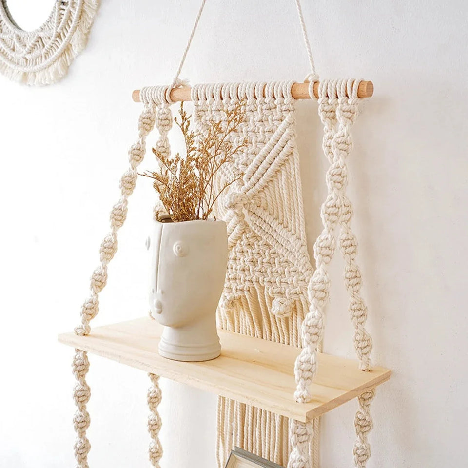 Boho Macrame Wall Hanging Shelf – Rustic Home Decor.