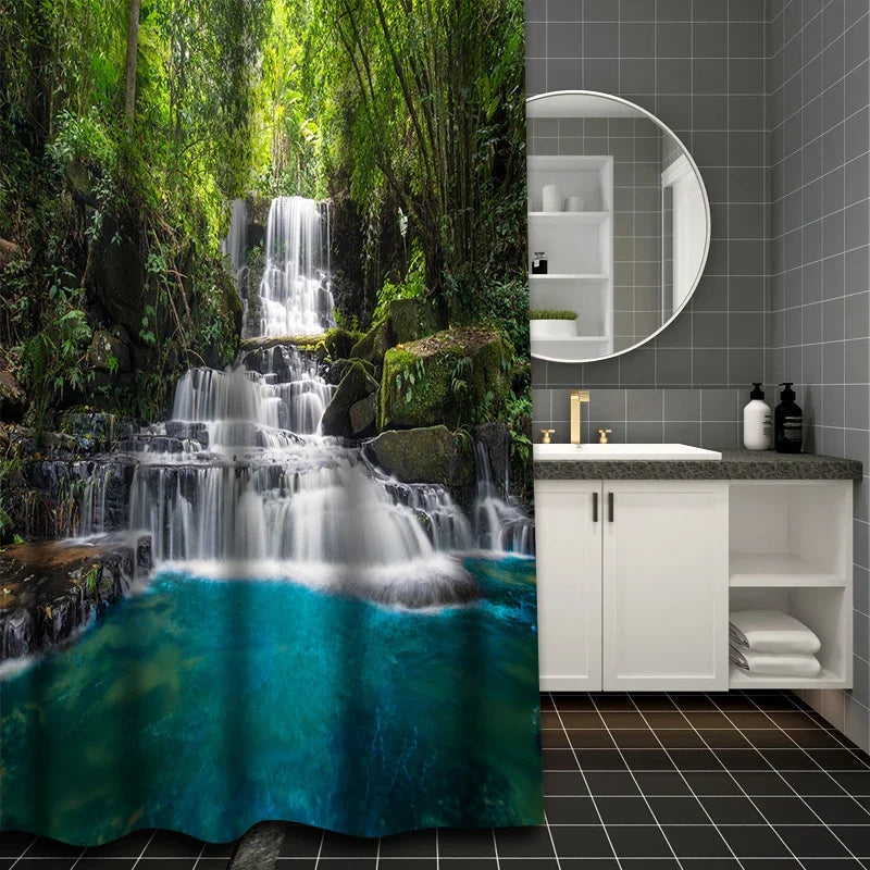 Waterfall Shower Curtain, Waterproof with 12 Hooks – Free Ship