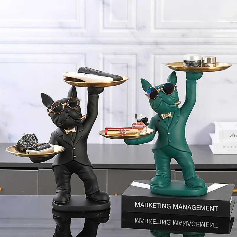 Bulldog Statue Table Decor with 2 Metal Trays – Home Accent.
