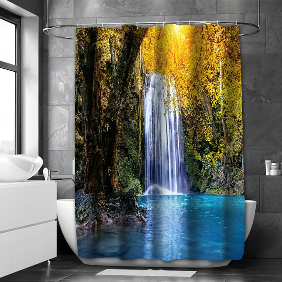 Waterfall Shower Curtain, Waterproof with 12 Hooks – Free Ship