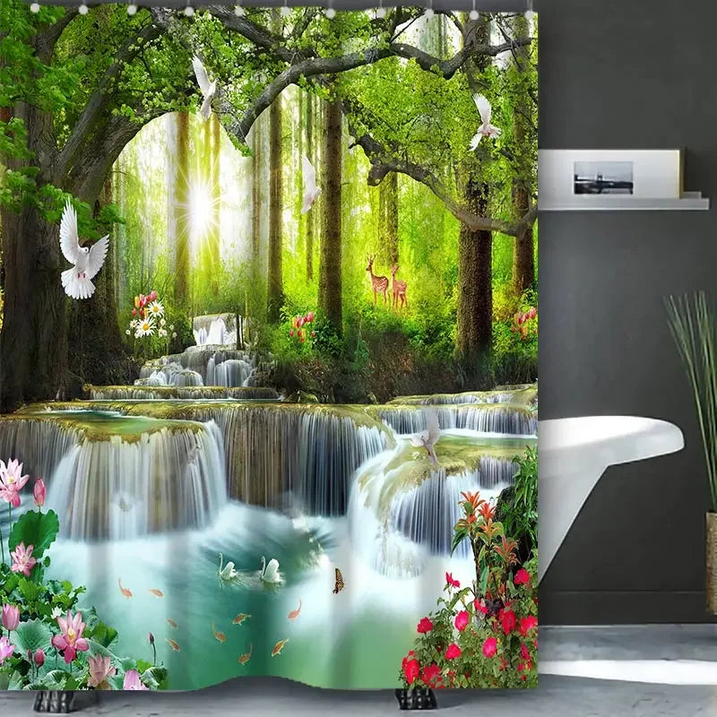 Waterfall Shower Curtain, Waterproof with 12 Hooks – Free Ship