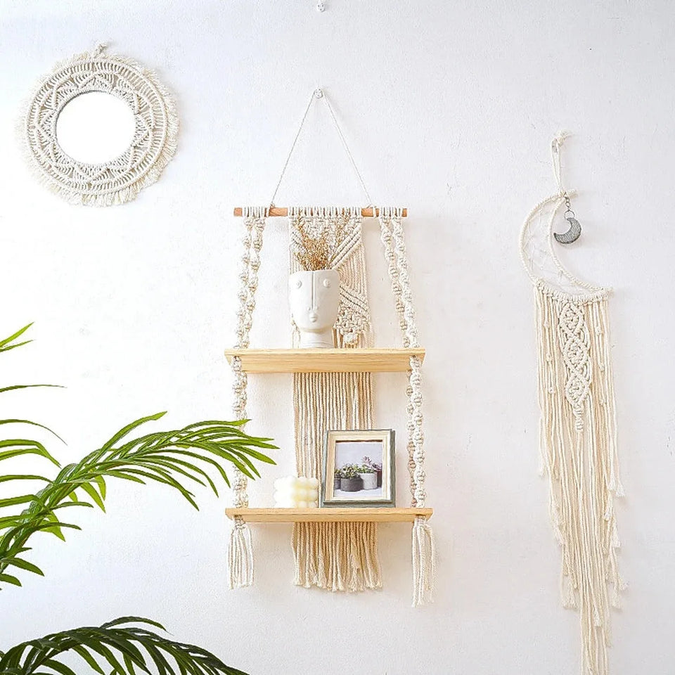 Boho Macrame Wall Hanging Shelf – Rustic Home Decor.