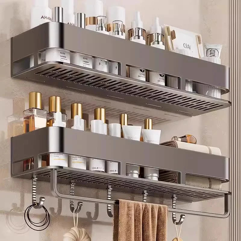 Wall-Mounted Aluminum Bathroom & Kitchen Storage Rack.
