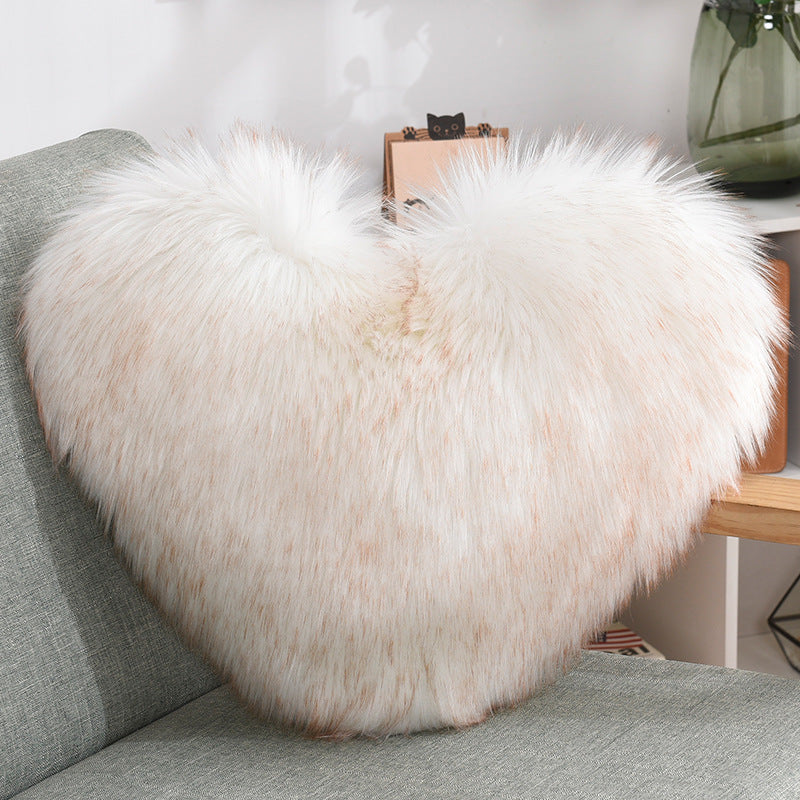 Heart-Shaped Fluffy Plush Throw Pillow Cover – White