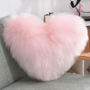 Heart-Shaped Fluffy Plush Throw Pillow Cover – White