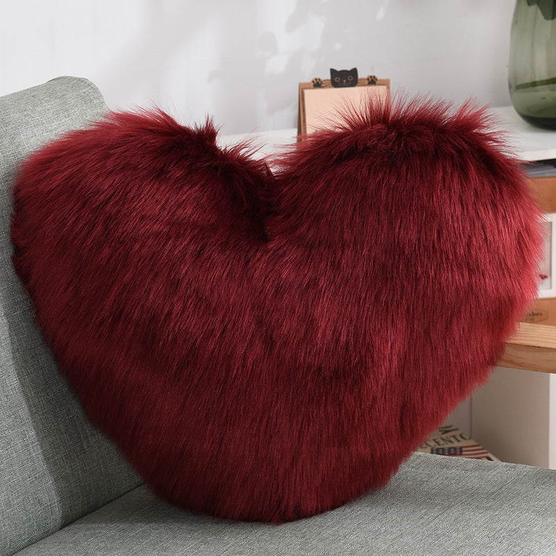 Heart-Shaped Fluffy Plush Throw Pillow Cover – White