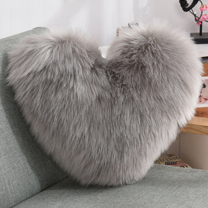 Heart-Shaped Fluffy Plush Throw Pillow Cover – White