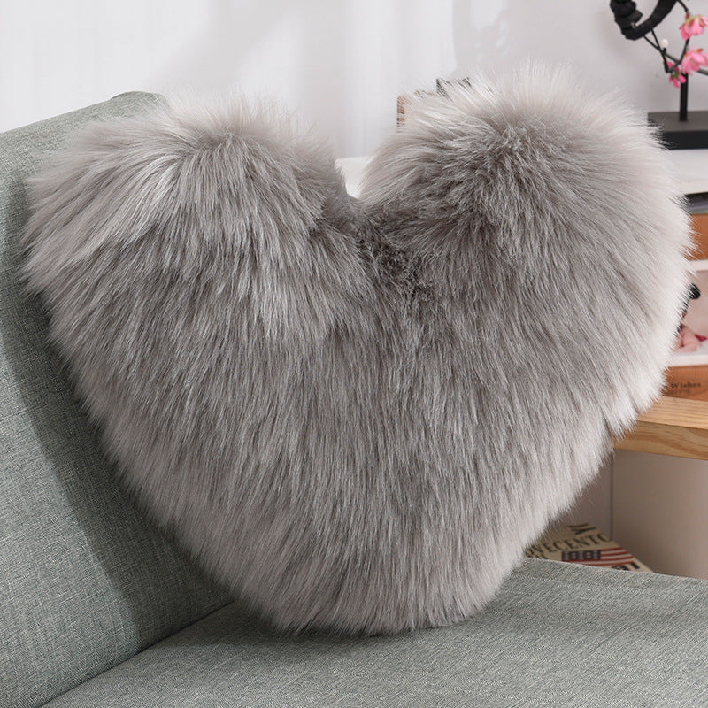 Heart-Shaped Fluffy Plush Throw Pillow Cover – White